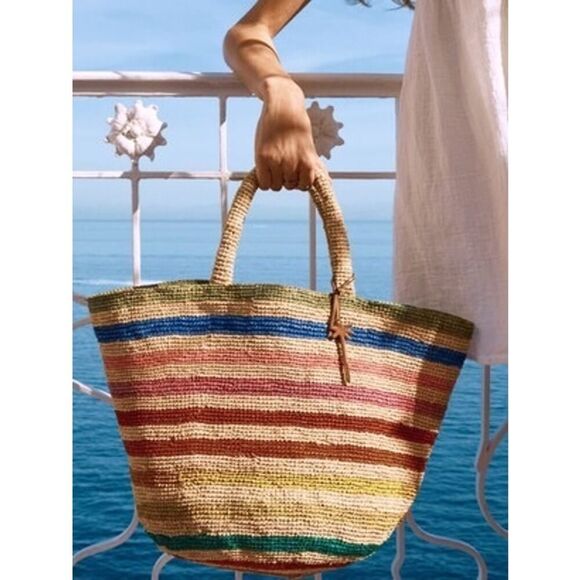 Manebi Stripped Raffia Summer Tote Bag natural one size - Picture 1 of 10